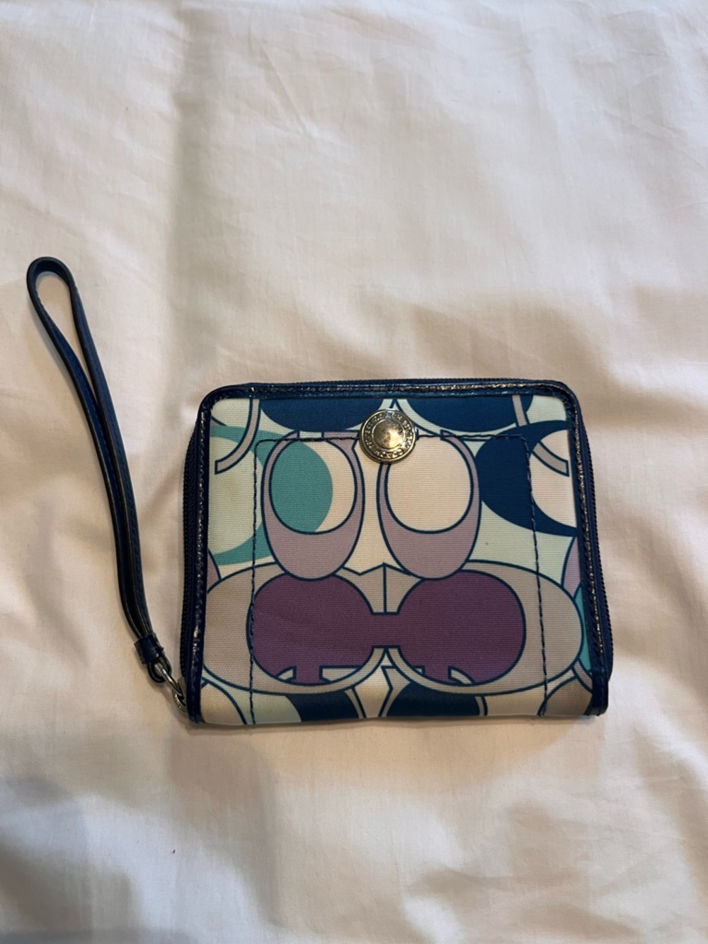 Coach Multicolor Geometric Wristlet Wallet in Teal, Navy, Cream and Mauve